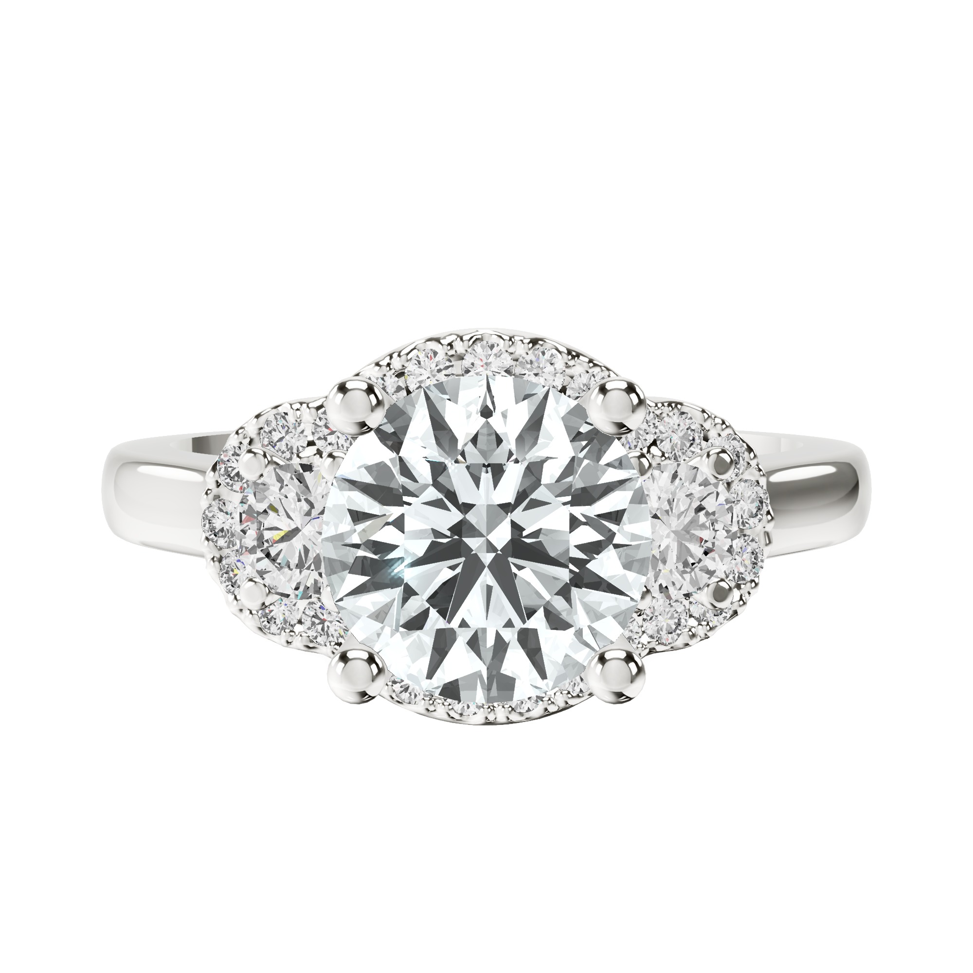Swirl Three Stone Halo Lab Diamond Ring front view