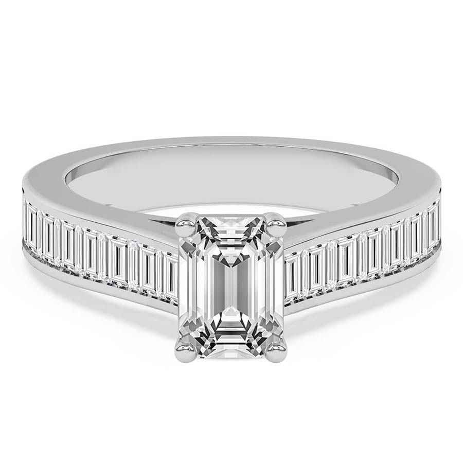 6.25 Ct EMERALD Cut Irene Side Stone Lab Diamond Ring in 14kt White Gold front image