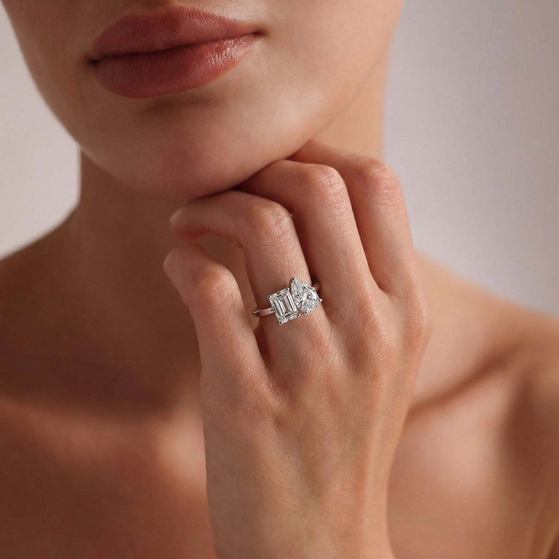 9ct White Gold Atana Two Stone Emerald and Pear Toi Et Moi Lab Grown Diamond Ring (1 Ct. Tw.) model