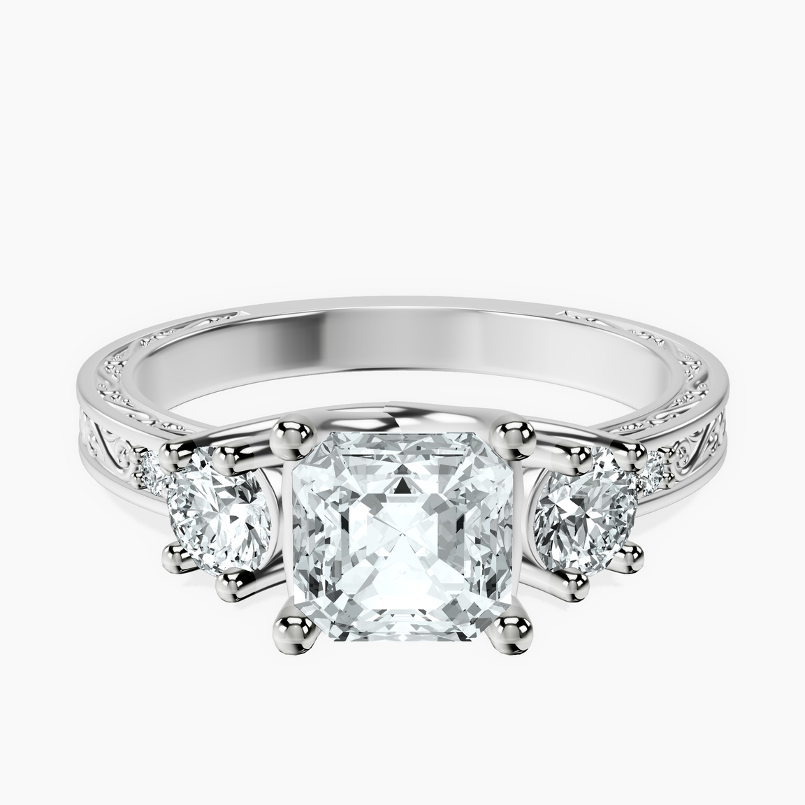 10kt White Gold Valencia Three Stone Vintage Lab Diamond Ring front image
