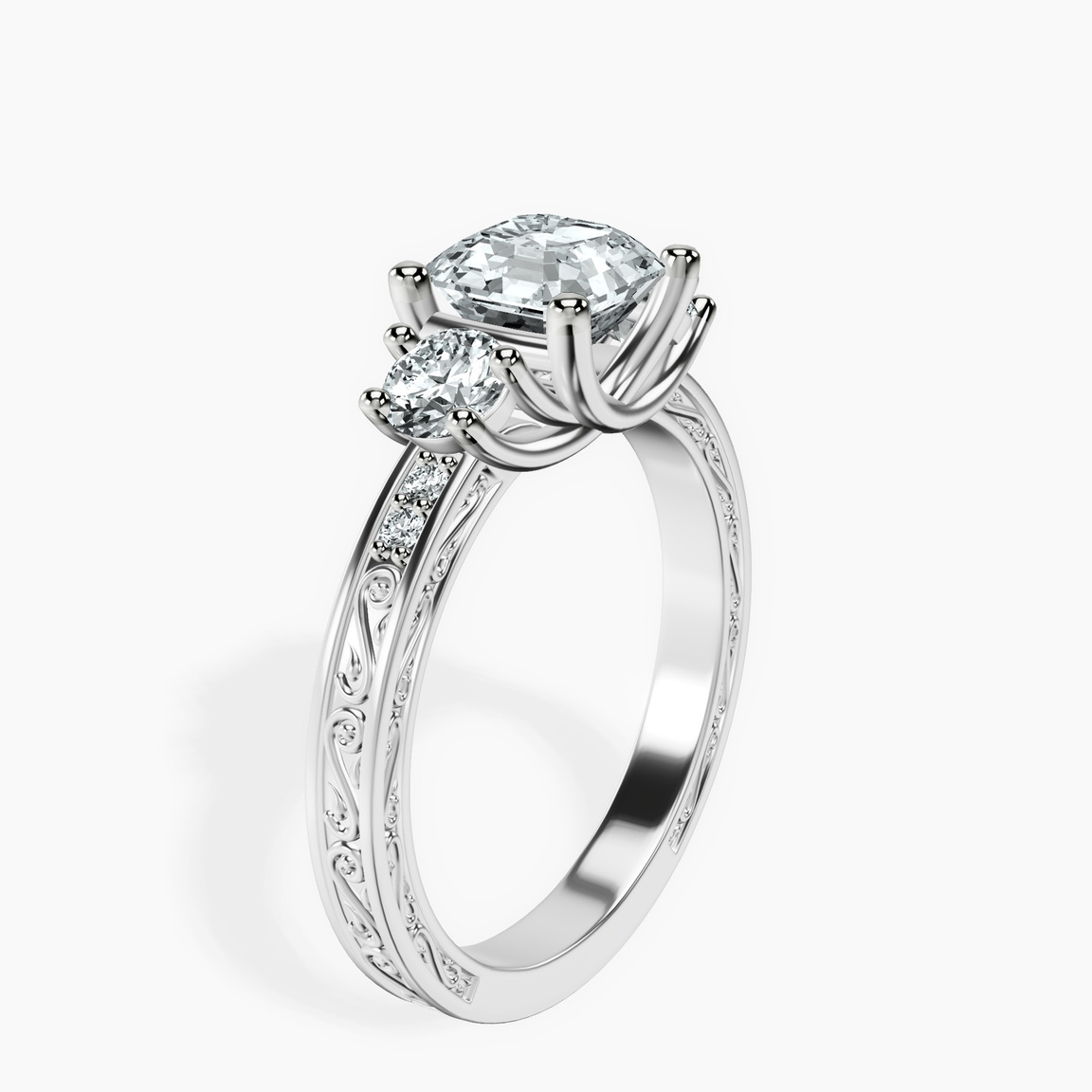 10kt White Gold Valencia Three Stone Vintage Lab Diamond Ring standing product image one
