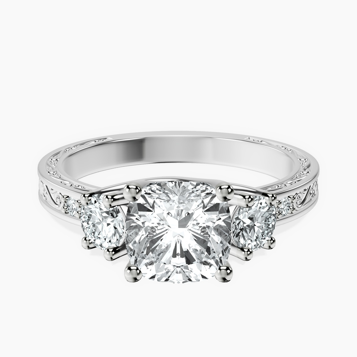 10kt White Gold Valencia Three Stone Vintage Lab Diamond Ring front image