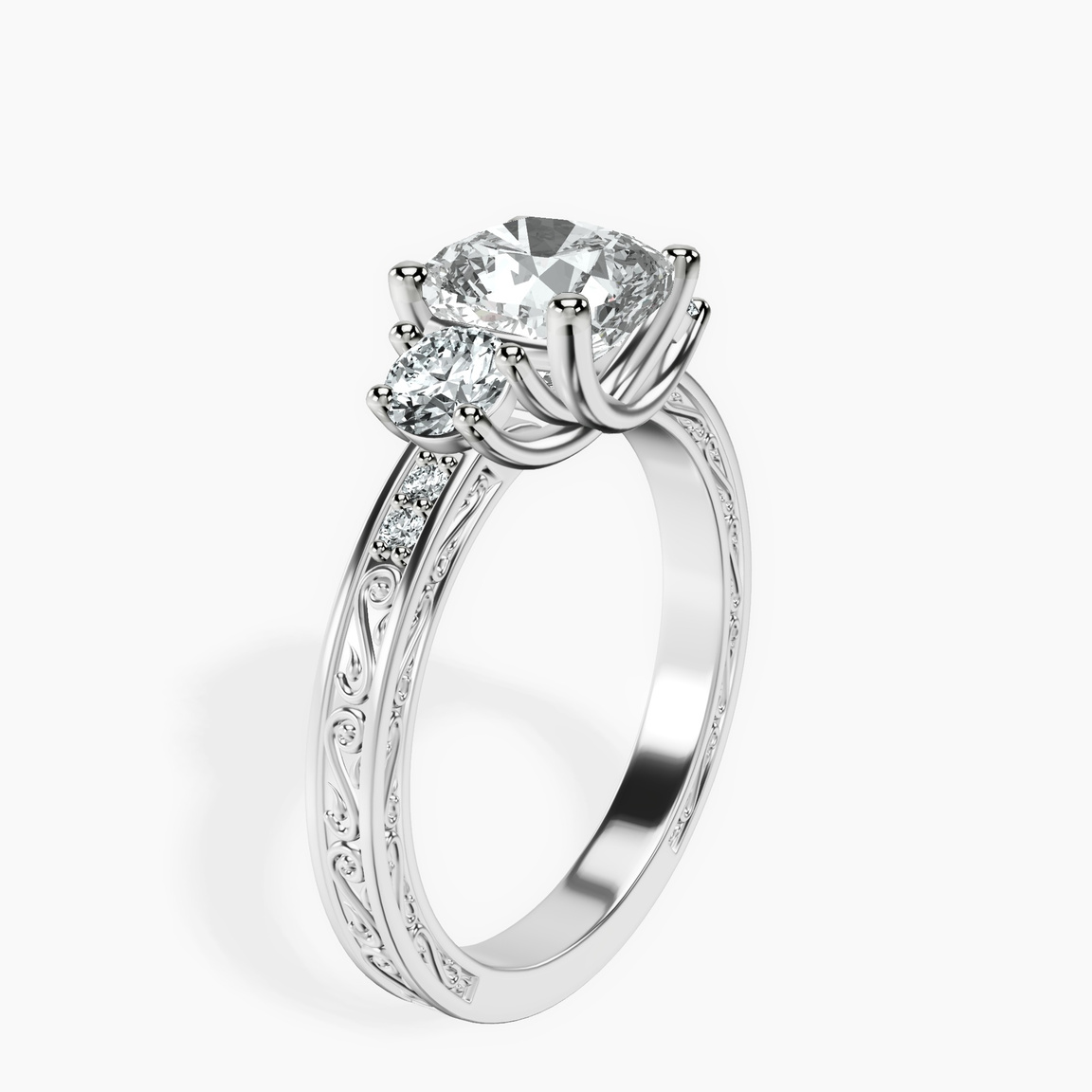 10kt White Gold Valencia Three Stone Vintage Lab Diamond Ring standing product image one