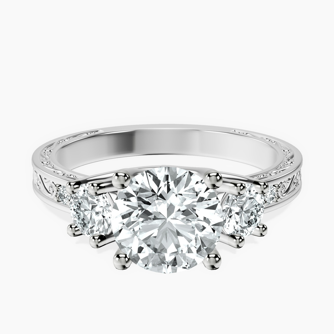 14kt White Gold Valencia Three Stone Vintage Lab Diamond Ring front image