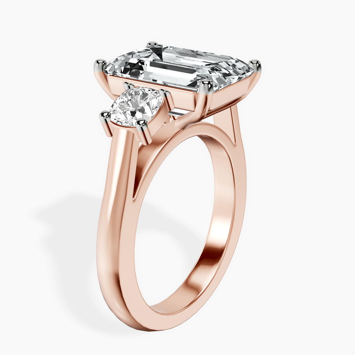 18kt Rose Gold Kinsley Three Stone Side Cushion Lab Diamond Ring standing product image one