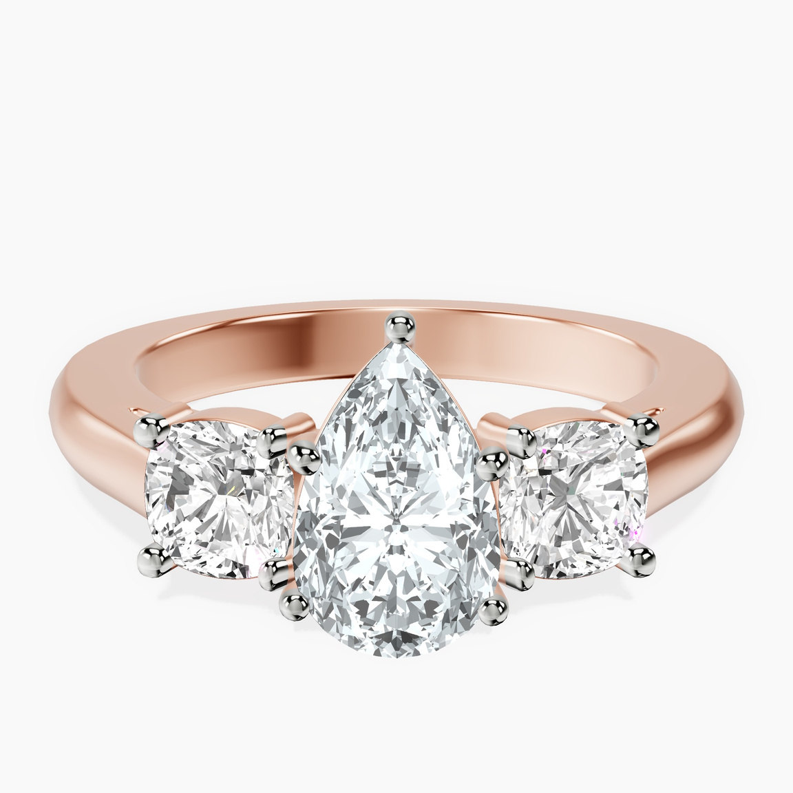 18kt Rose Gold Kinsley Three Stone Side Cushion Lab Diamond Ring front image