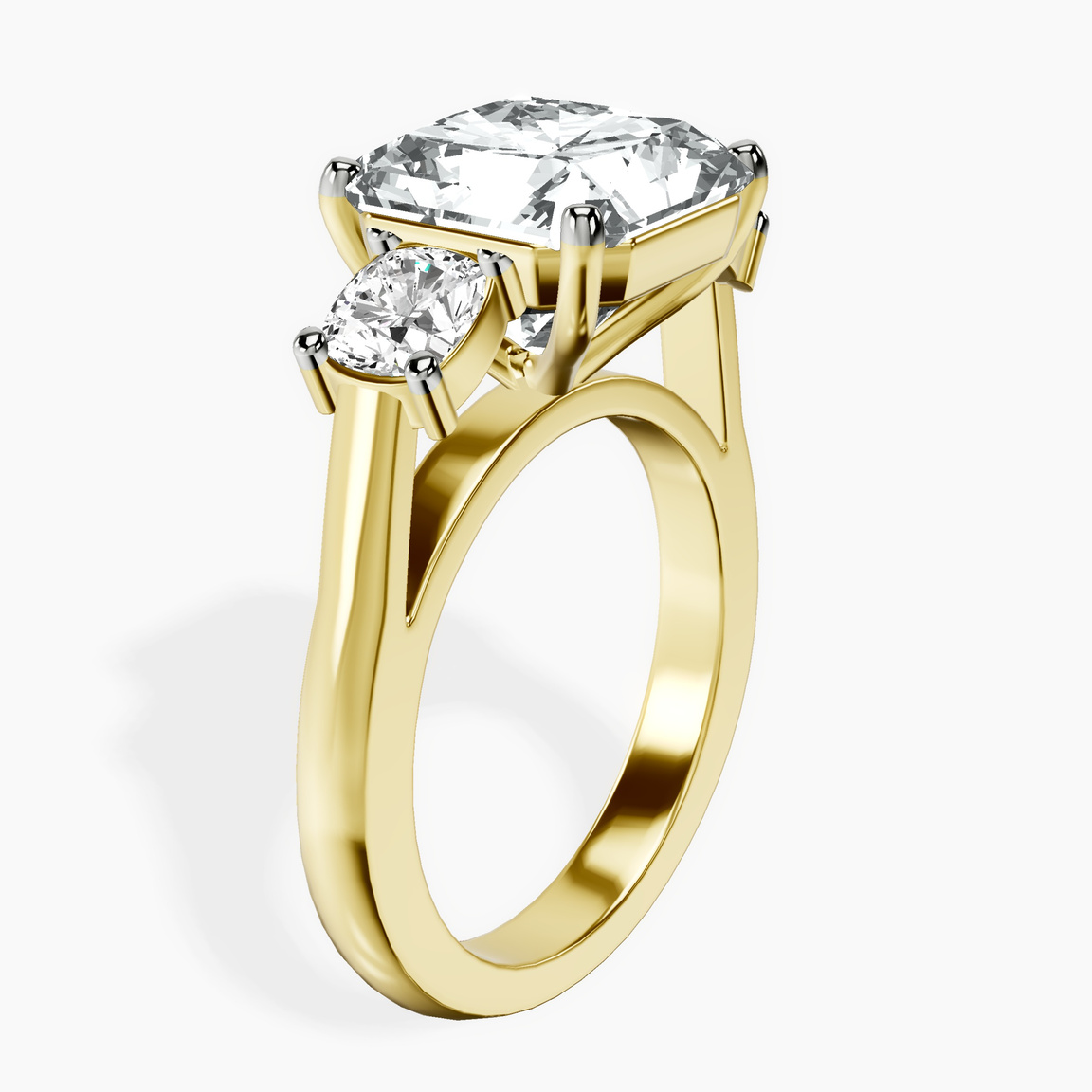 18kt Yellow Gold Kinsley Three Stone Side Cushion Lab Diamond Ring standing product image one
