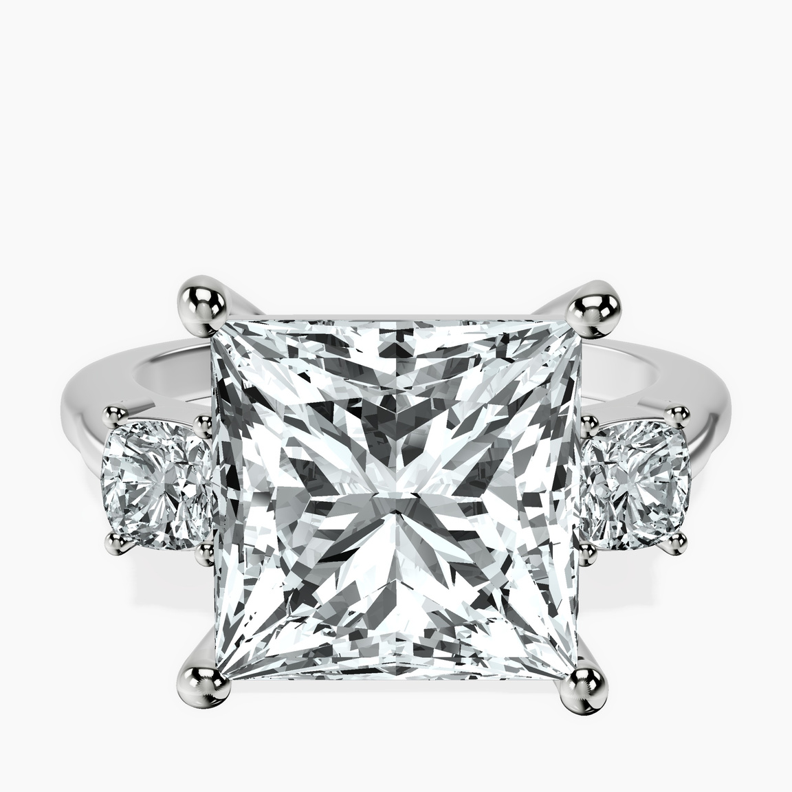 Platinum Emery Three Stone Side Cushion Lab Diamond Ring front image