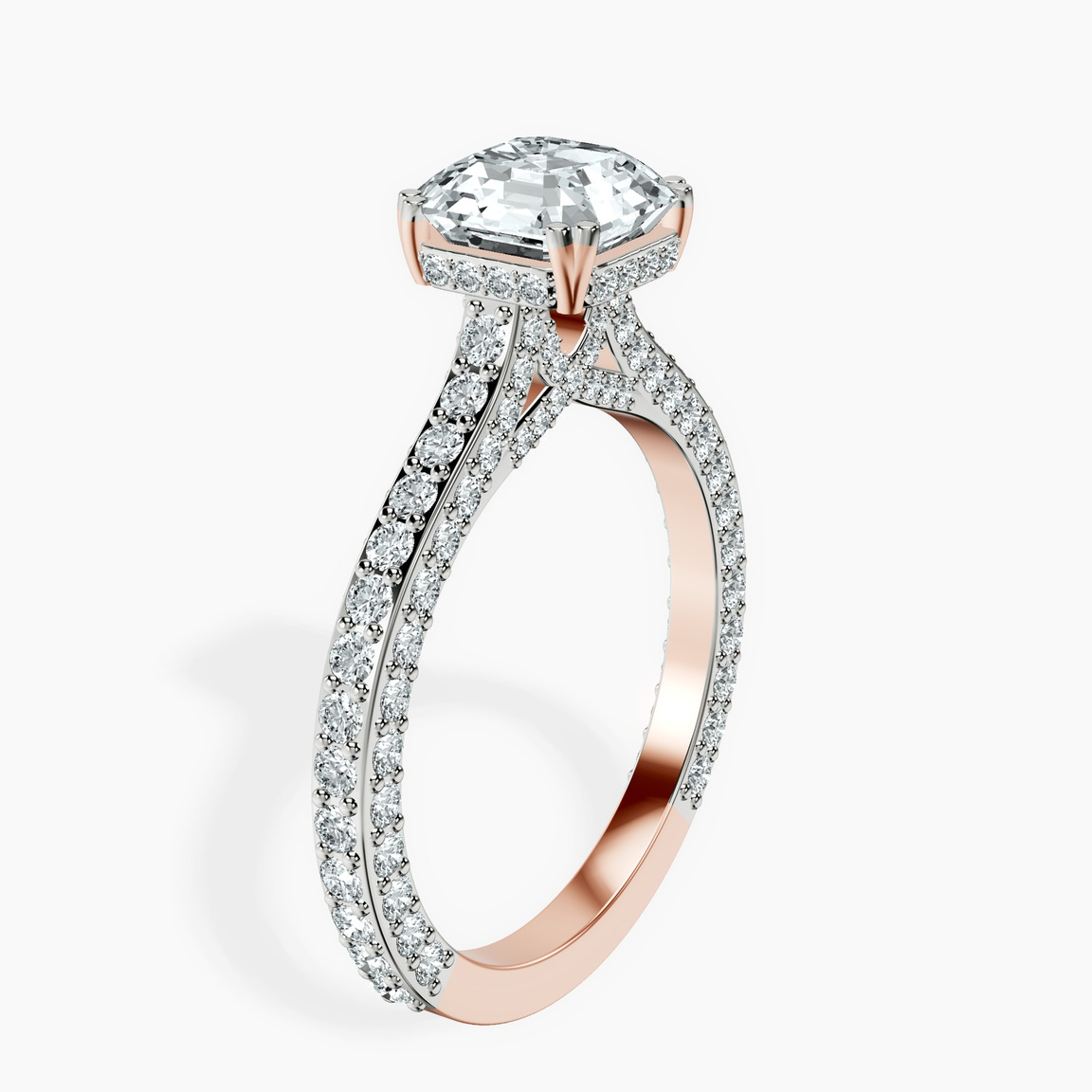 18kt Rose Gold Eternia Criss Cross Side Halo Lab Diamond Ring standing product image one