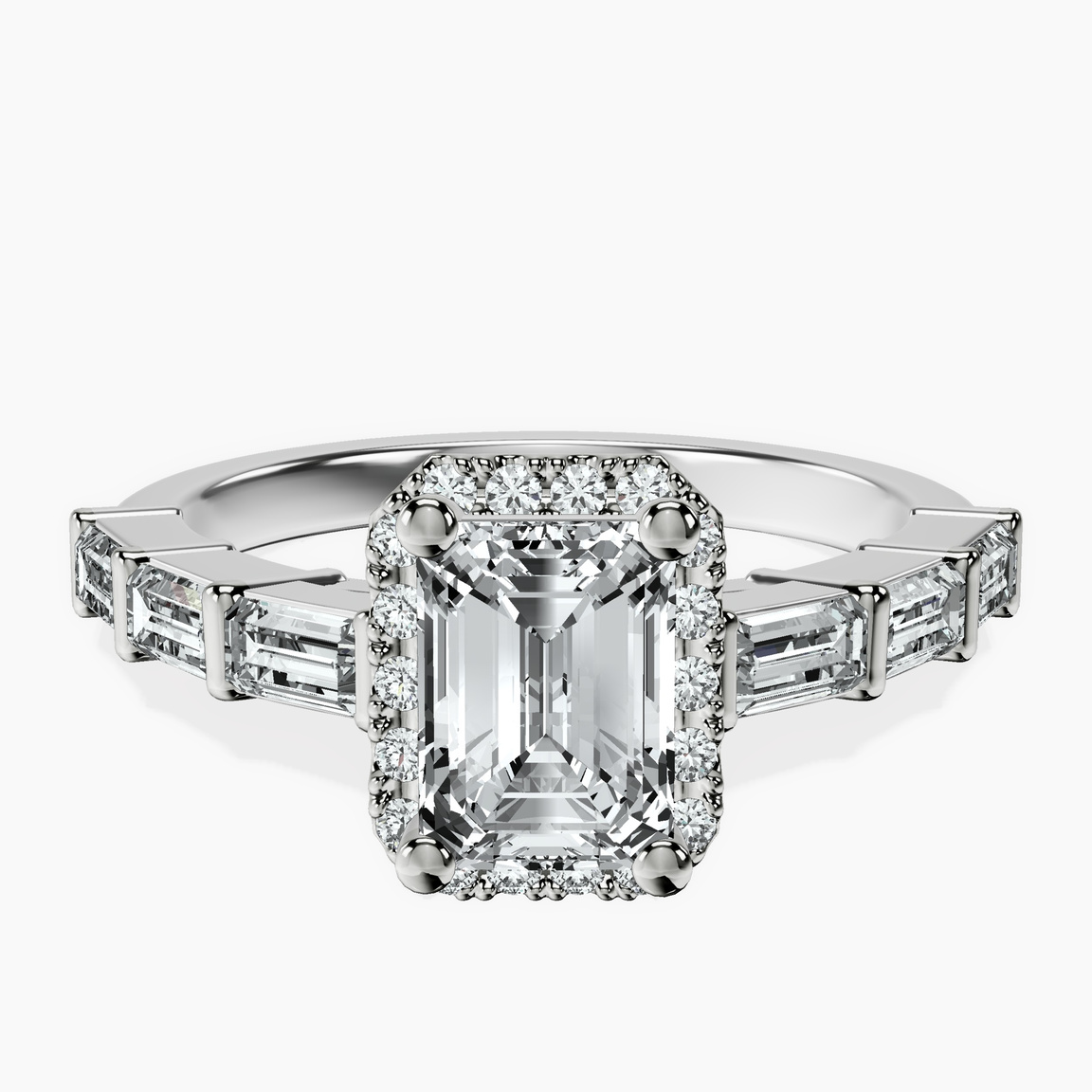 18kt White Gold Rachel Halo Side Stone Lab Diamond Ring front image
