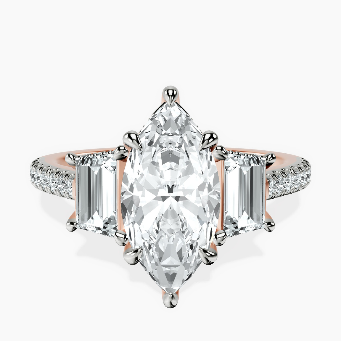 9ct Rose Gold Lavinia Three Stone Trapezoid Lab Diamond Ring front image