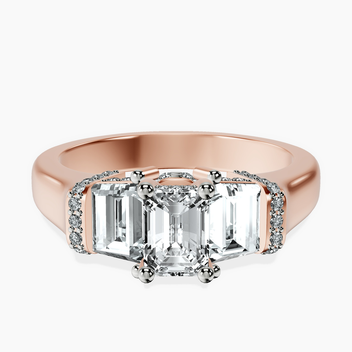 18kt Rose Gold Astrid Three Stone Trapezoid Lab Diamond Ring front image