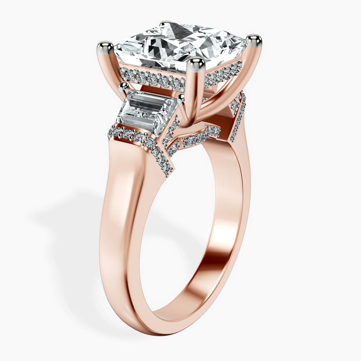 18kt Rose Gold Astrid Three Stone Trapezoid Lab Diamond Ring standing product image one