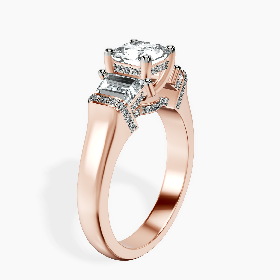 14kt Rose Gold Astrid Three Stone Trapezoid Lab Diamond Ring standing product image one