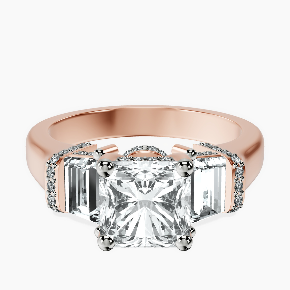 9ct Rose Gold Astrid Three Stone Trapezoid Lab Diamond Ring front image