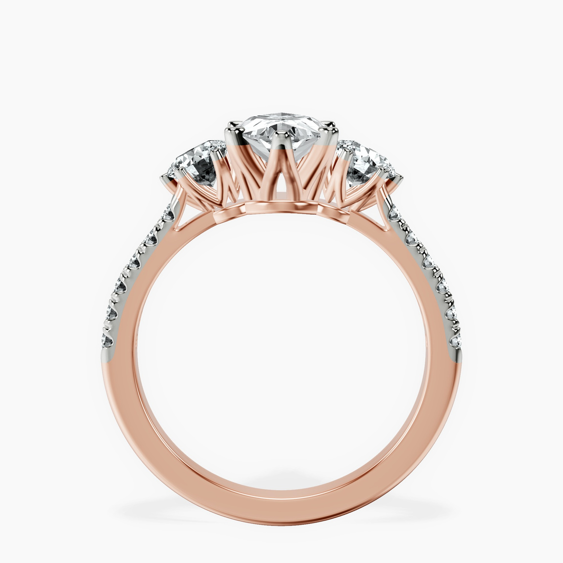 18kt Rose Gold Tiara Three stone Lab Diamond Ring side right image one