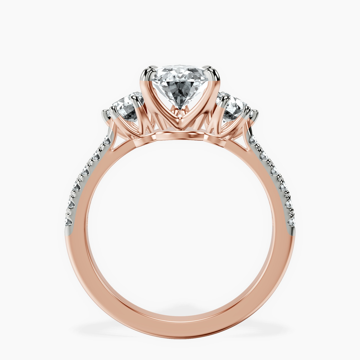 18kt Rose Gold Tiara Three stone Lab Diamond Ring side right image one