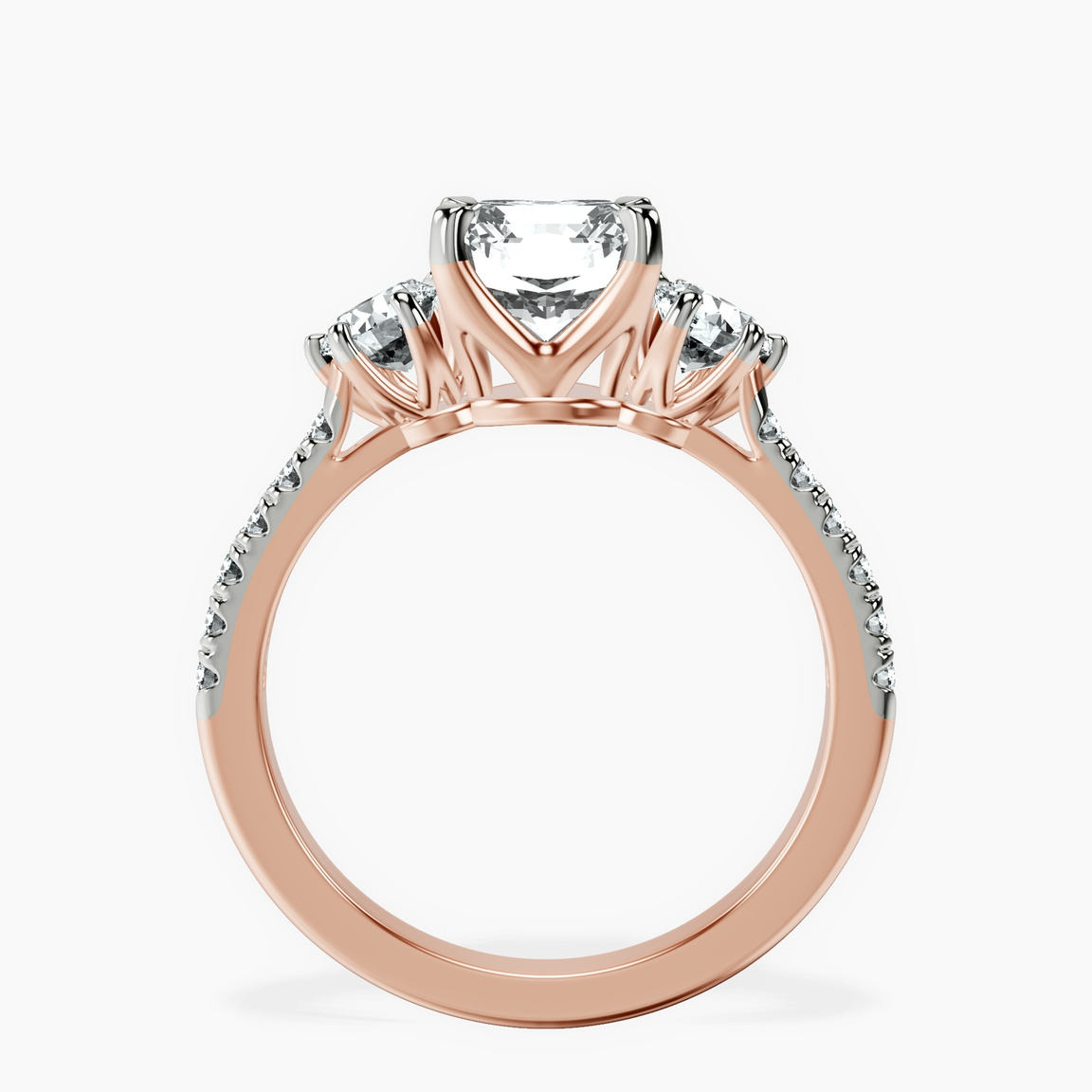 10kt Rose Gold Tiara Three stone Lab Diamond Ring side right image one