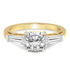1.36 Ct Cushion Cut Madison Three Stone Side Baguette Lab Diamond Ring in 14kt Yellow Gold front image