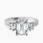 Platinum Valencia Three Stone Vintage Lab Diamond Ring front image