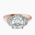 18kt Rose Gold Swirl Three Stone Halo Lab Diamond Ring front image