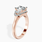 18kt Rose Gold Swirl Three Stone Halo Lab Diamond Ring standing product image one