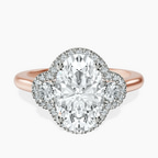 18kt Rose Gold Swirl Three Stone Halo Lab Diamond Ring front image