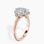 18kt Rose Gold Swirl Three Stone Halo Lab Diamond Ring standing product image one