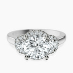 18kt White Gold Swirl Three Stone Halo Lab Diamond Ring front image