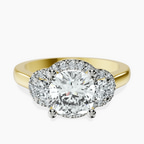 18kt Yellow Gold Swirl Three Stone Halo Lab Diamond Ring front image