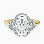 18kt Yellow Gold Swirl Three Stone Halo Lab Diamond Ring front image