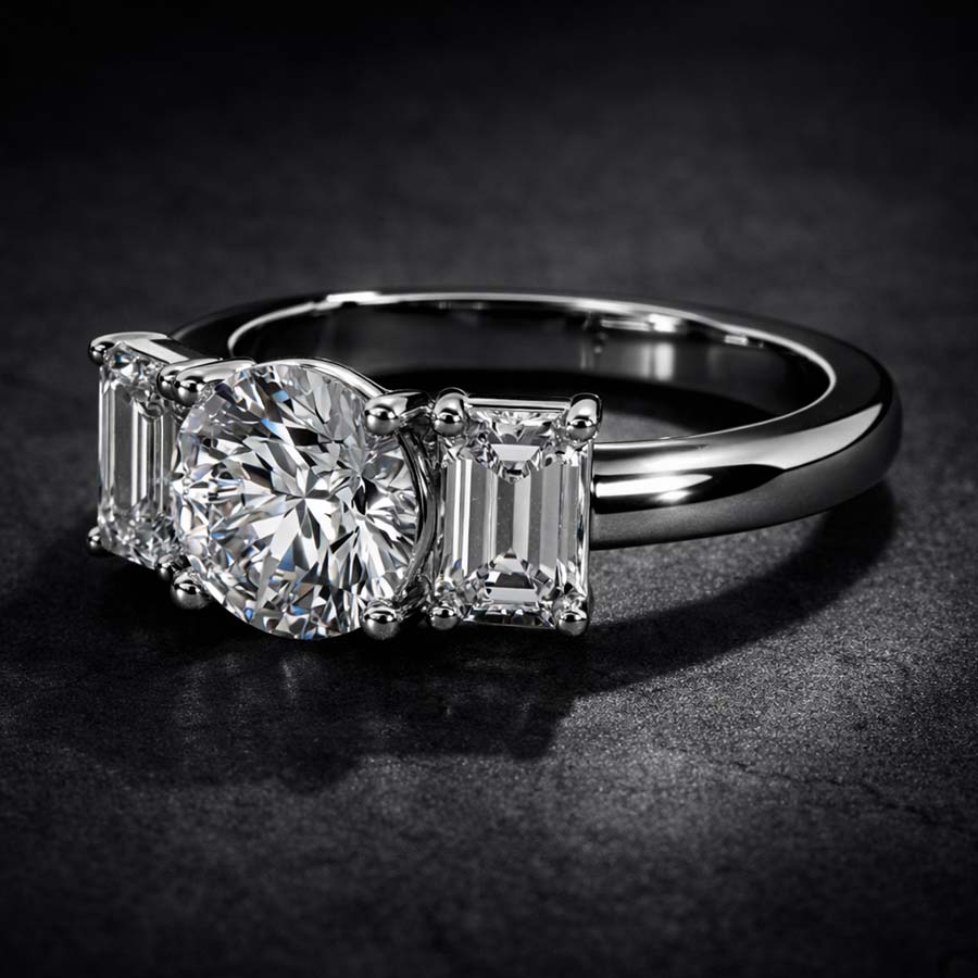 10kt White Gold Lauren Three stone Side Emerald Lab Diamond Ring color product image one