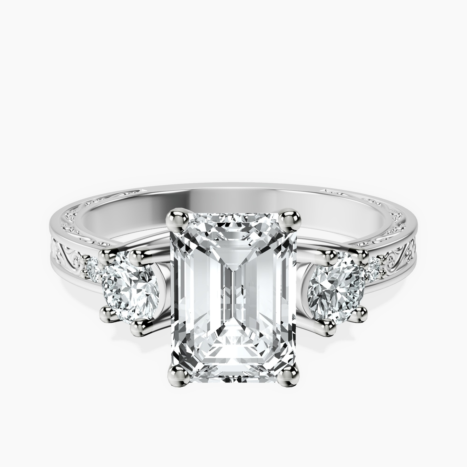 10kt White Gold Valencia Three Stone Vintage Lab Diamond Ring front image
