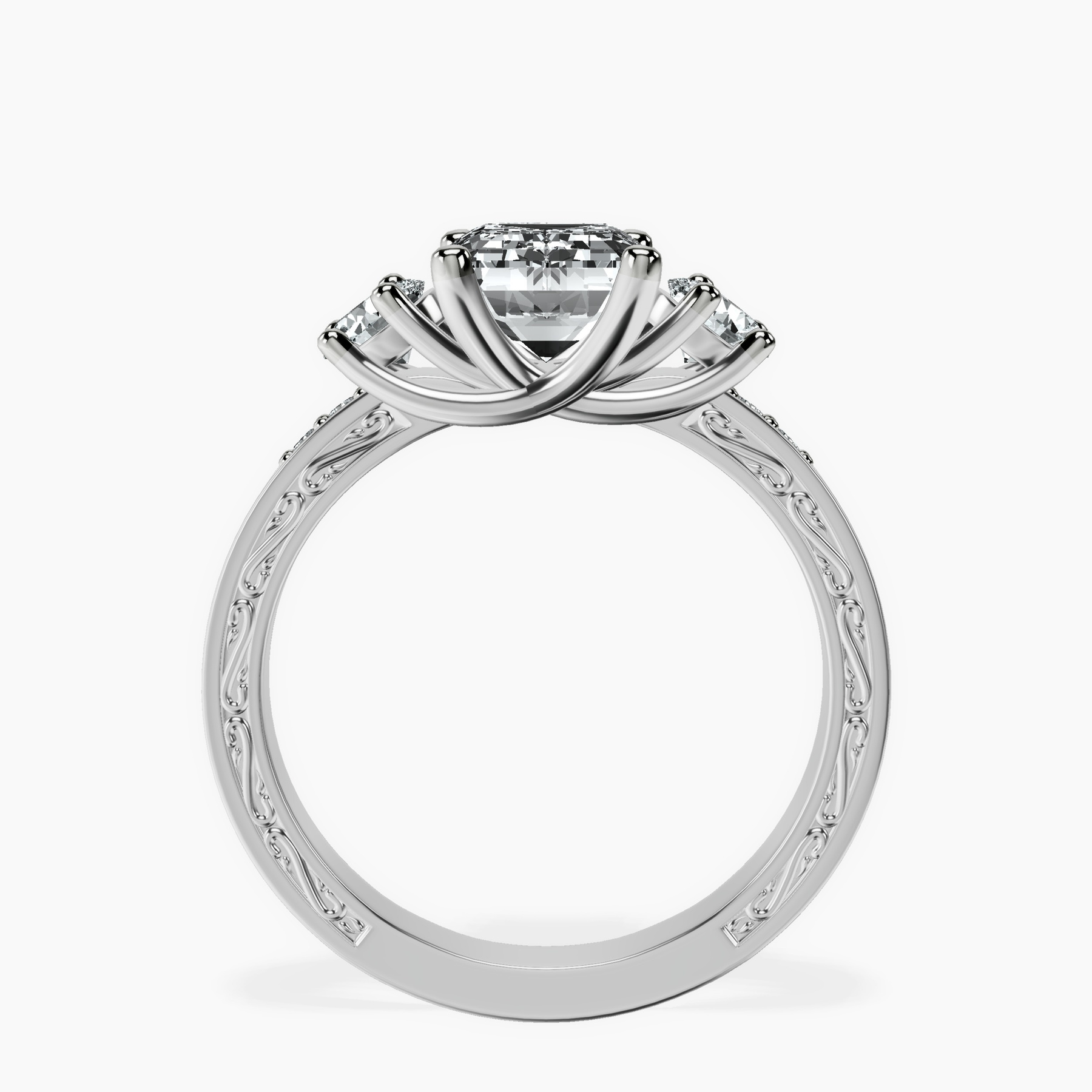10kt White Gold Valencia Three Stone Vintage Lab Diamond Ring side right image one