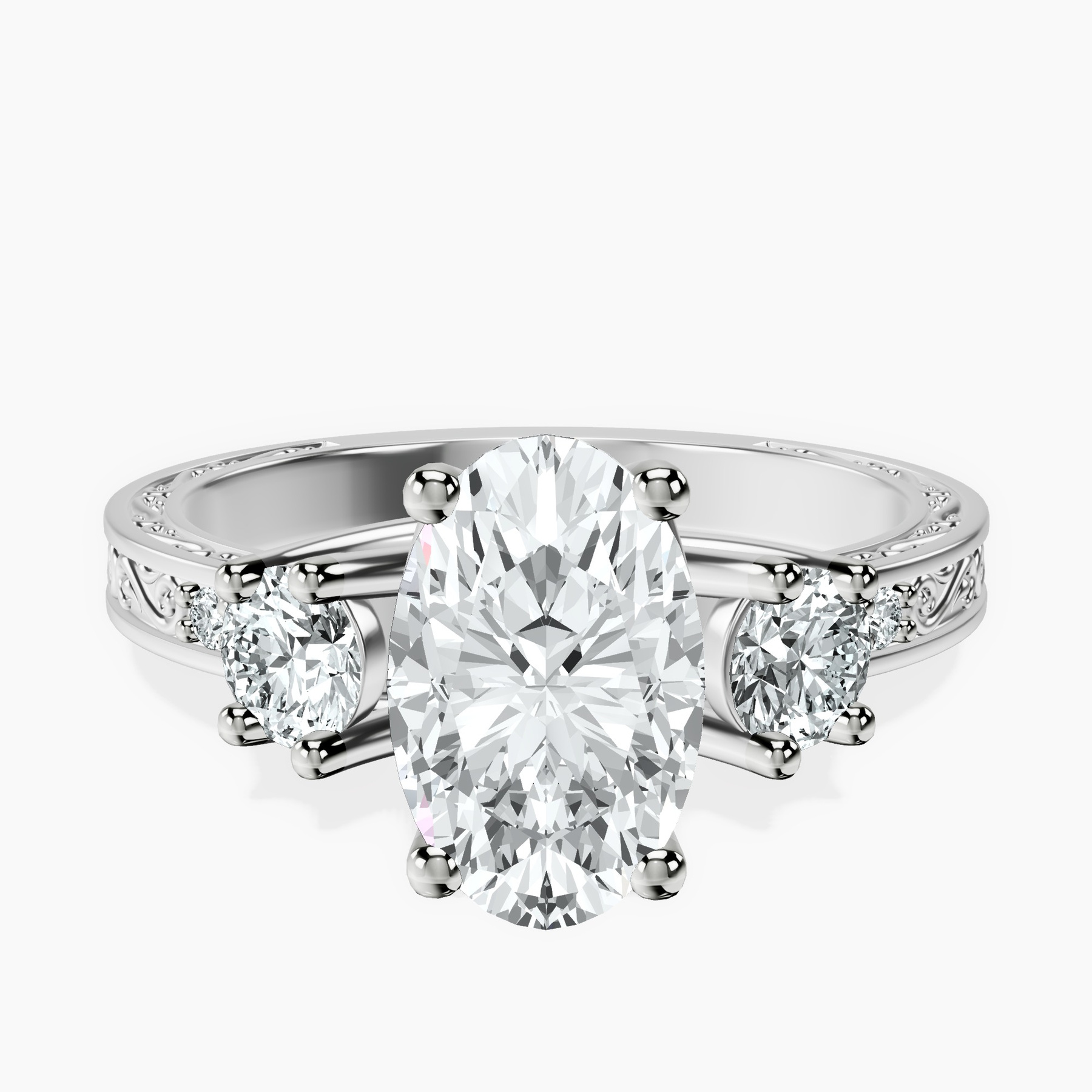 10kt White Gold Valencia Three Stone Vintage Lab Diamond Ring front image