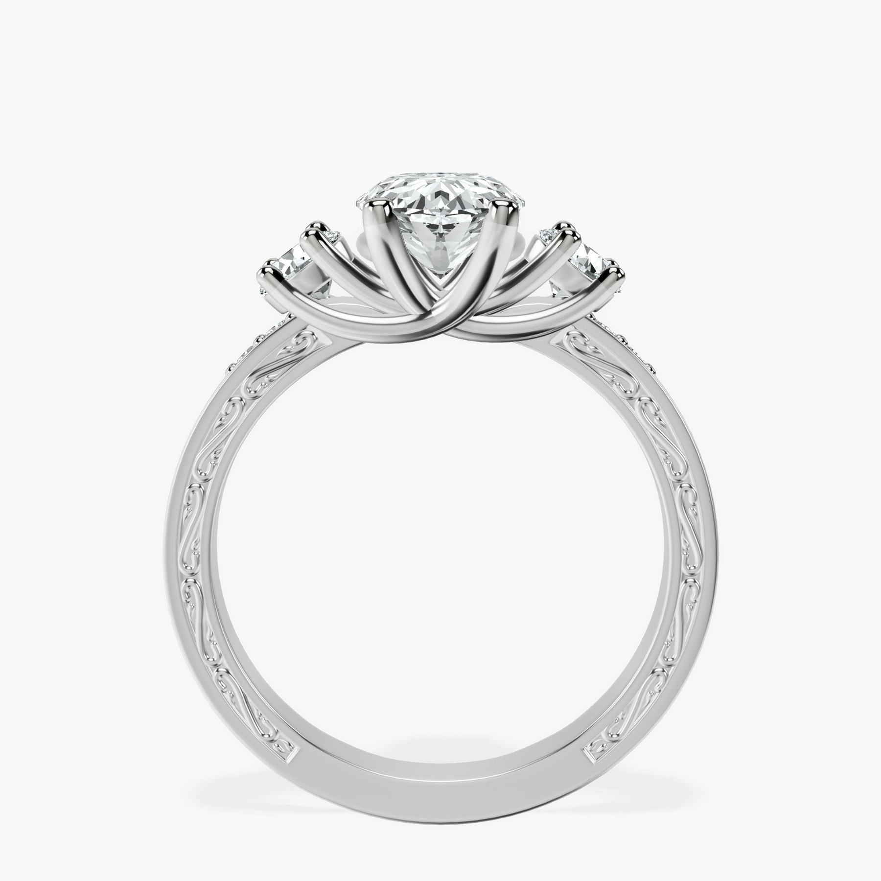 10kt White Gold Valencia Three Stone Vintage Lab Diamond Ring side right image one