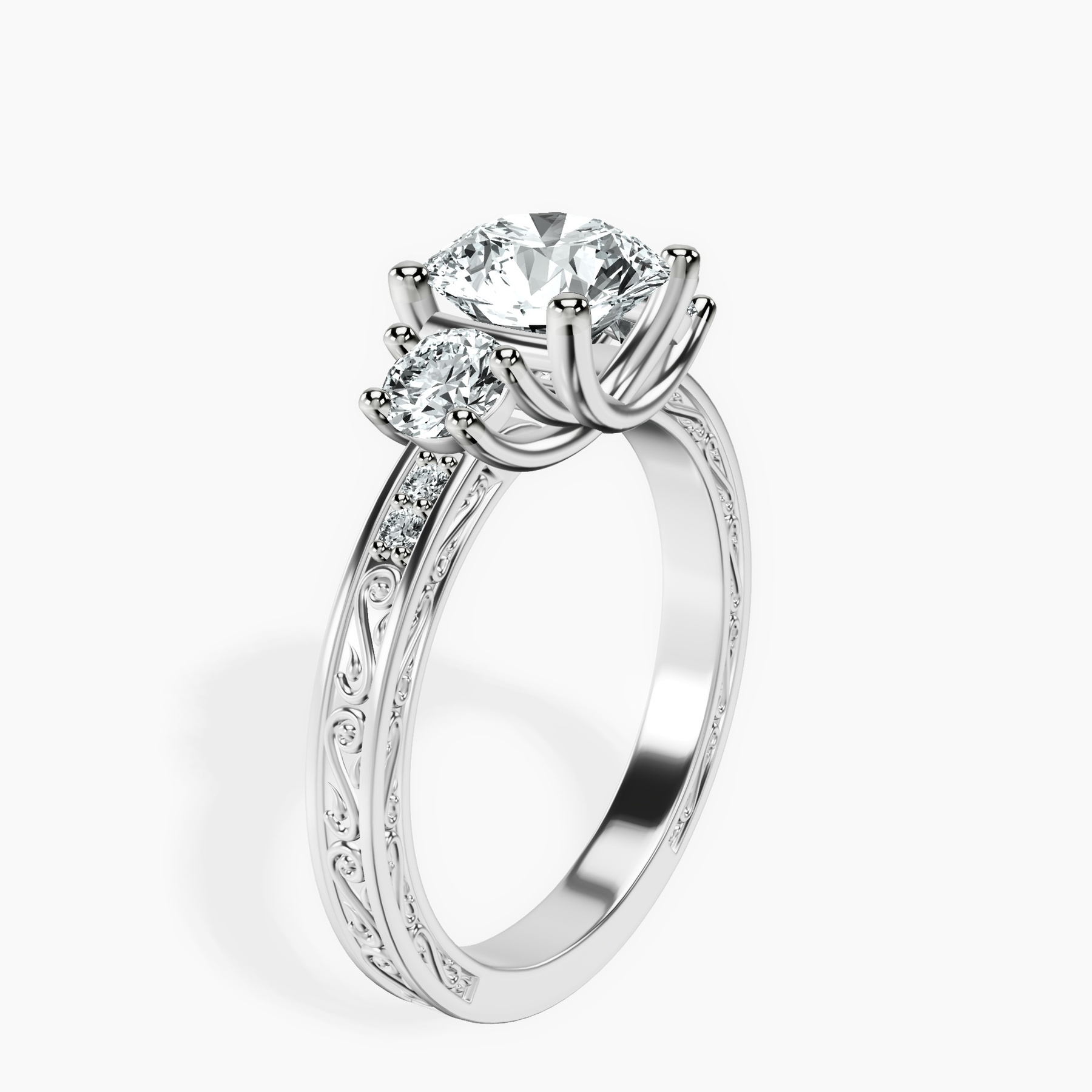 10kt White Gold Valencia Three Stone Vintage Lab Diamond Ring standing product image one