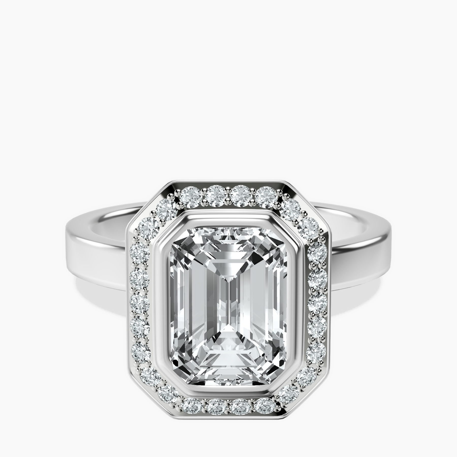 1.09 ct. emerald Upturned Dome Halo Ring in 10kt white gold rtr top