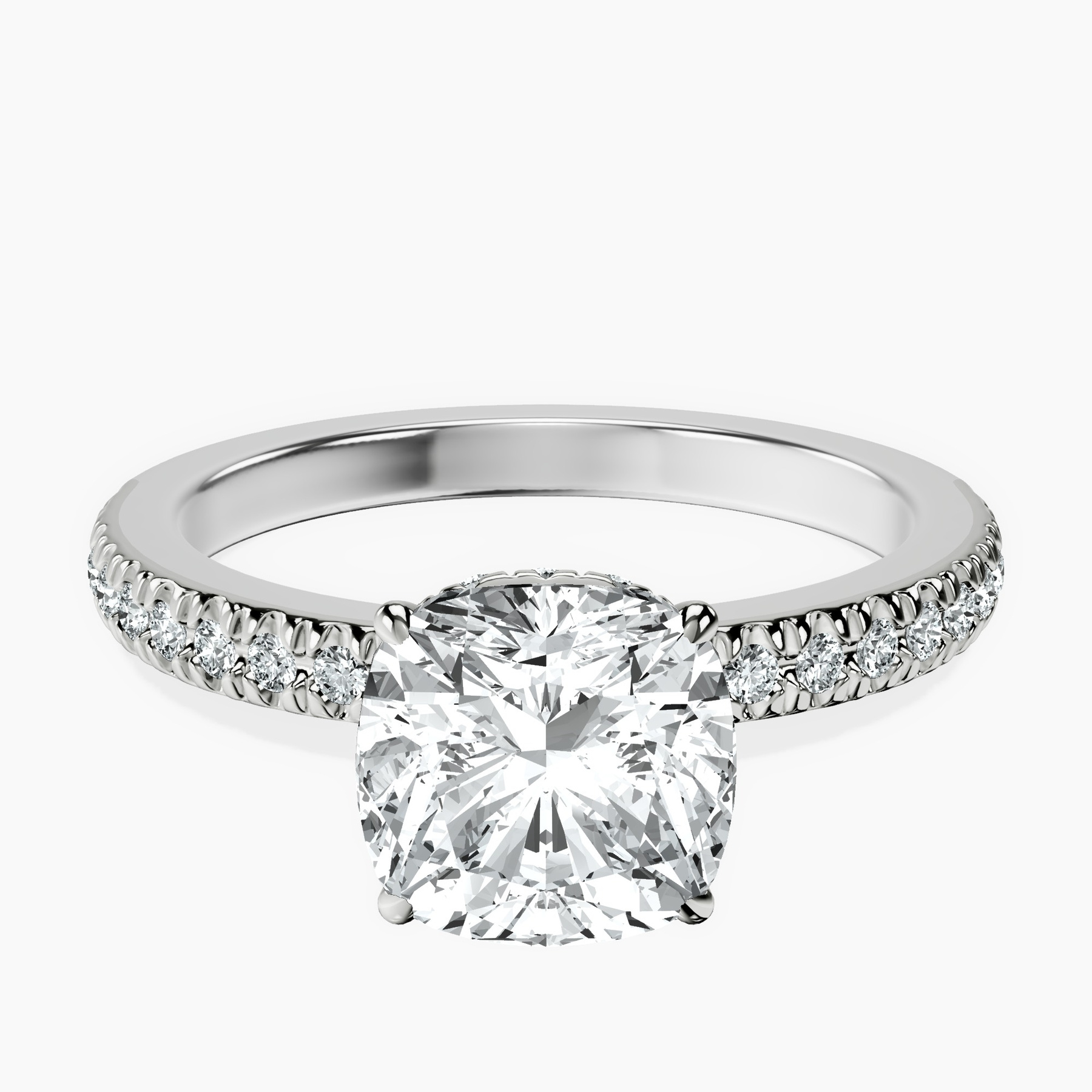 1.49 ct. cushion Jia Halo Eternity Ring in 10kt white gold rtr top