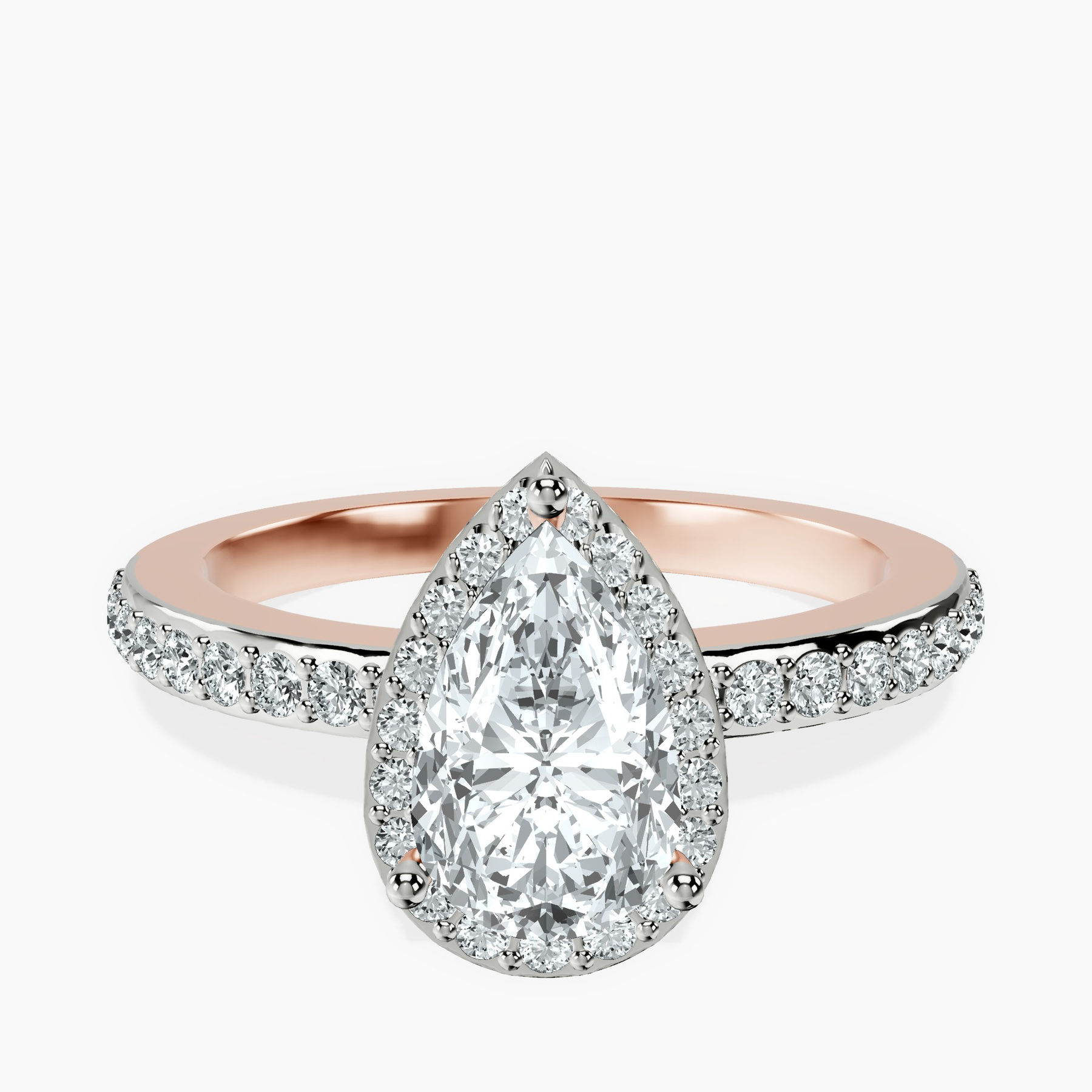 1.35 ct. pear Lumina Halo Ring in 14kt rose gold rtr top