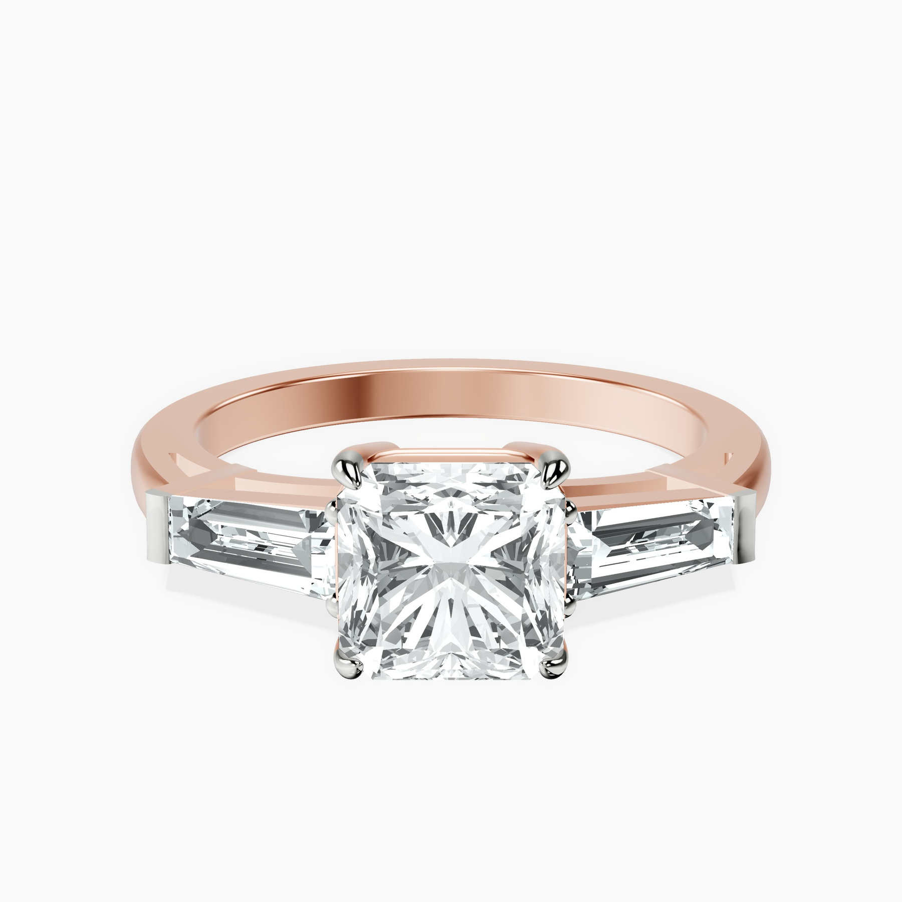 4.96 ct. radiant Madison Side Baguette Ring in 10kt rose gold rtr top