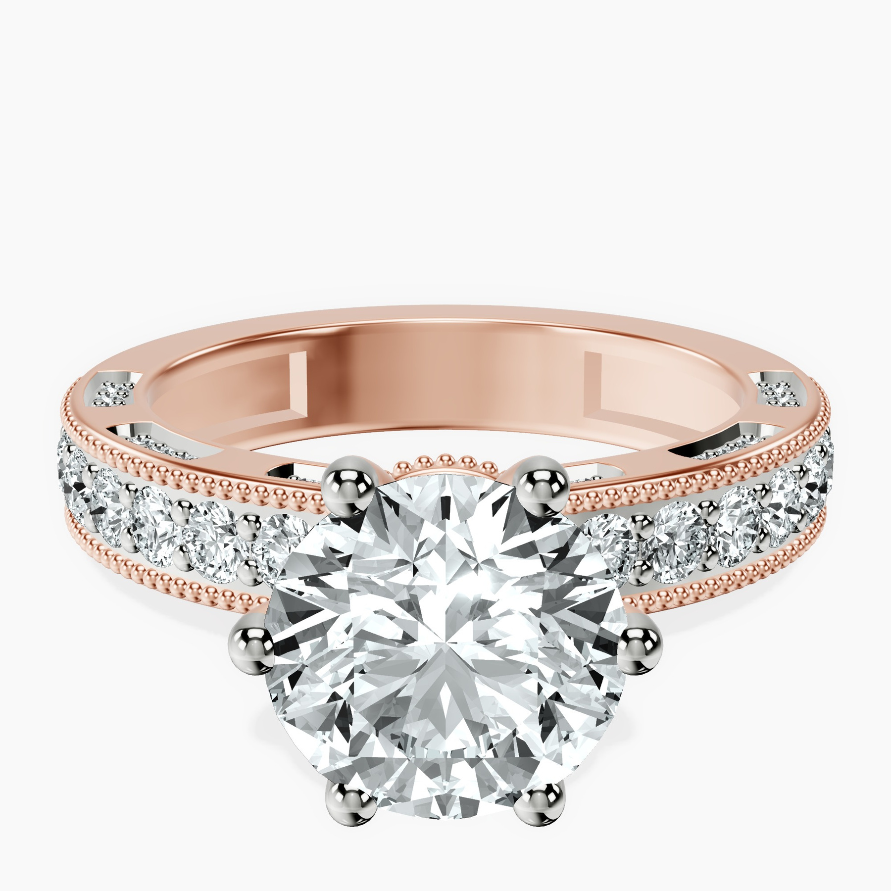 2.82 ct. round Regalia miligrain ring in 10kt rose gold rtr top