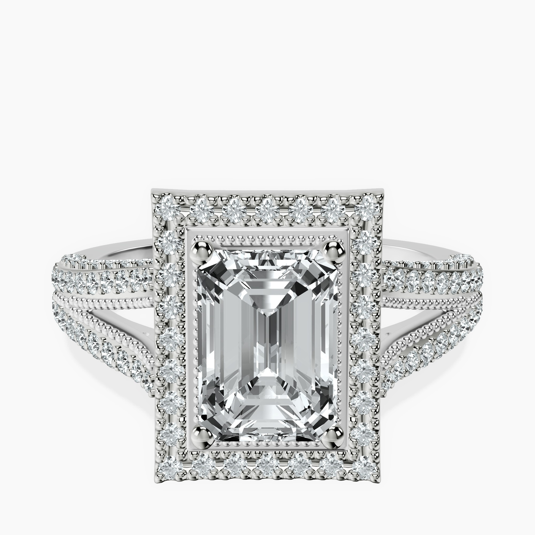 2.93 ct. emerald Opulenté halo ring in 10kt white gold rtr top