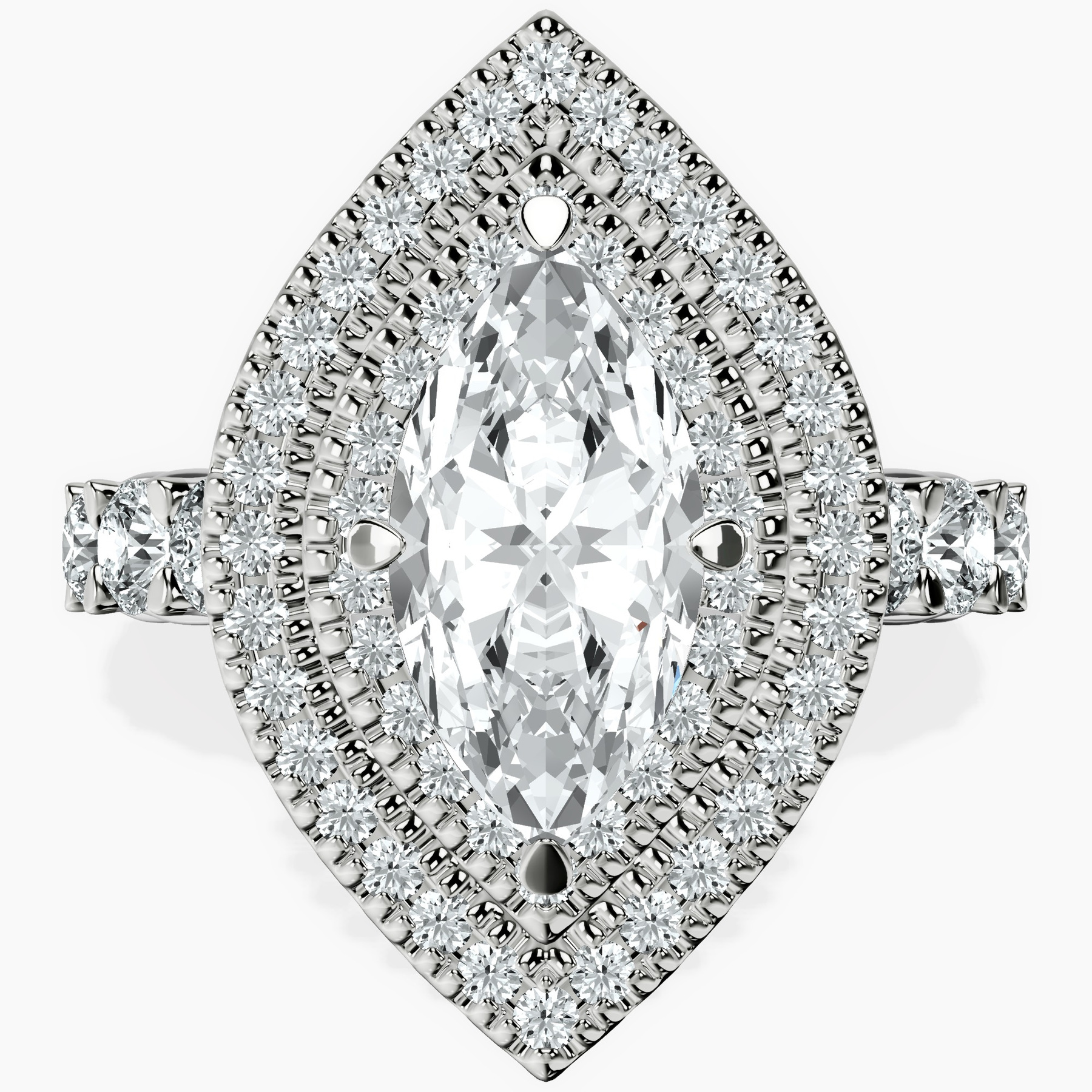 2.73 ct. marquise Crowned Cresta double halo ring in 14kt white gold rtr top