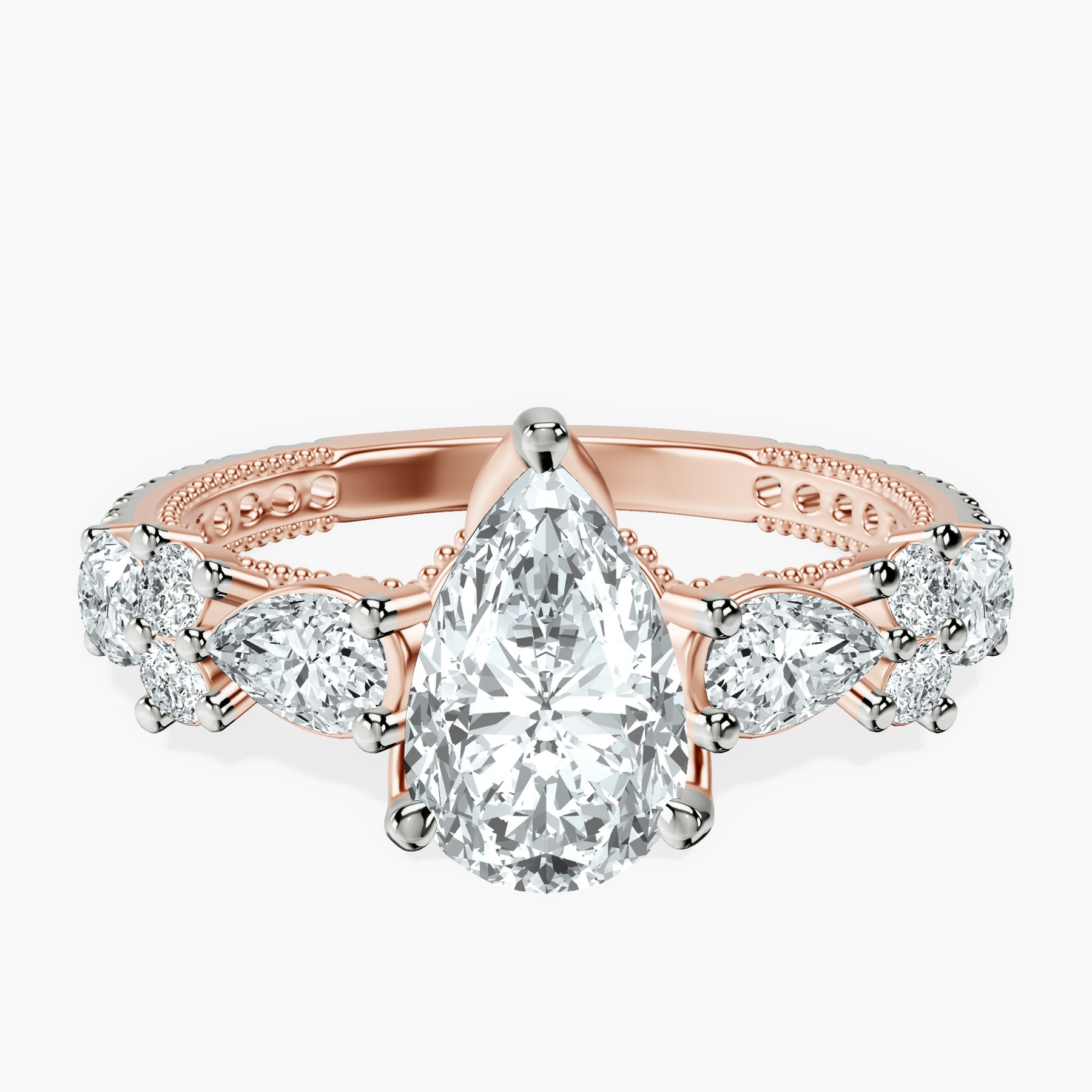 1.45 ct. pear Chrizan Ring in 14kt rose gold rtr top