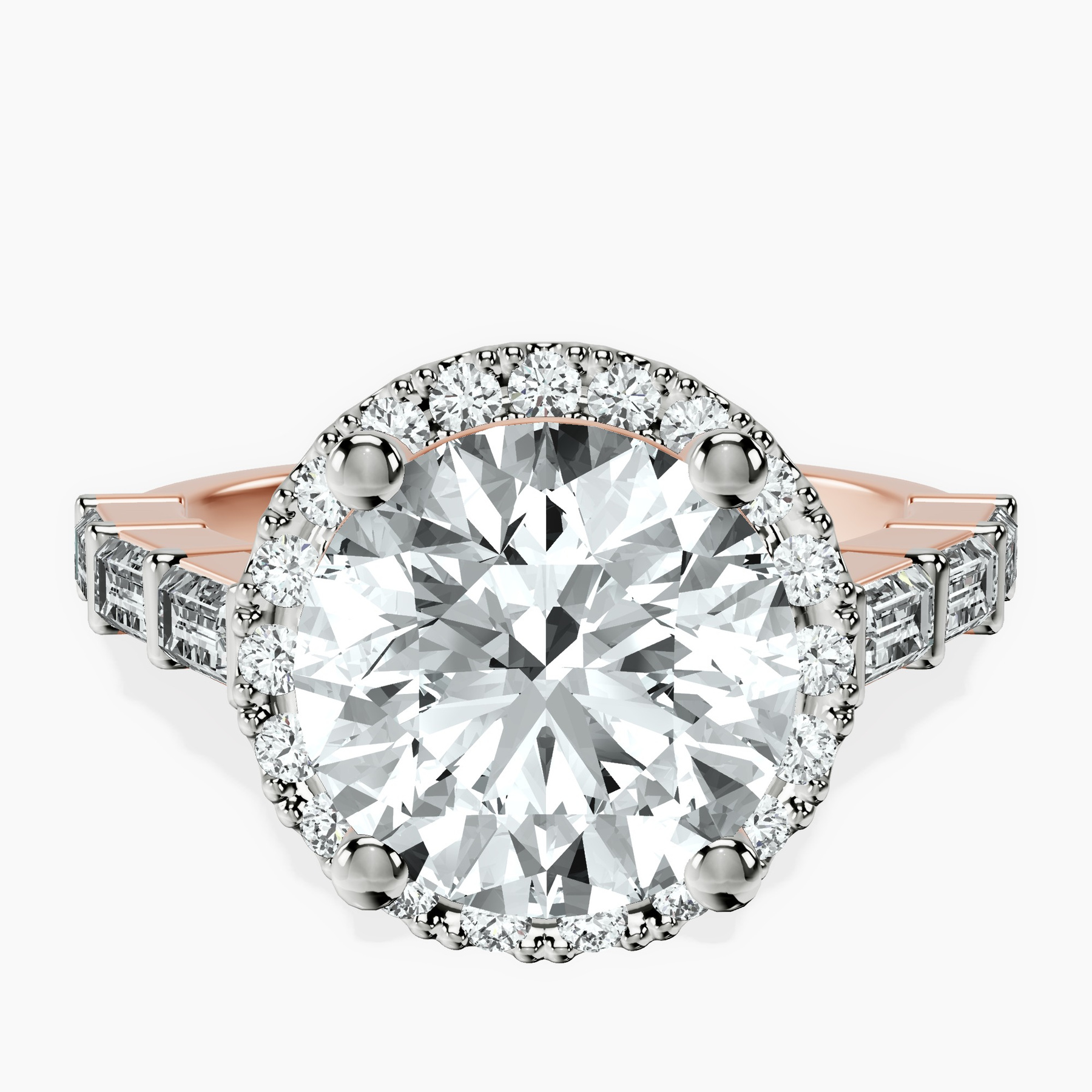 10kt Rose Gold Rachel Halo Side Stone Lab Diamond Ring front image