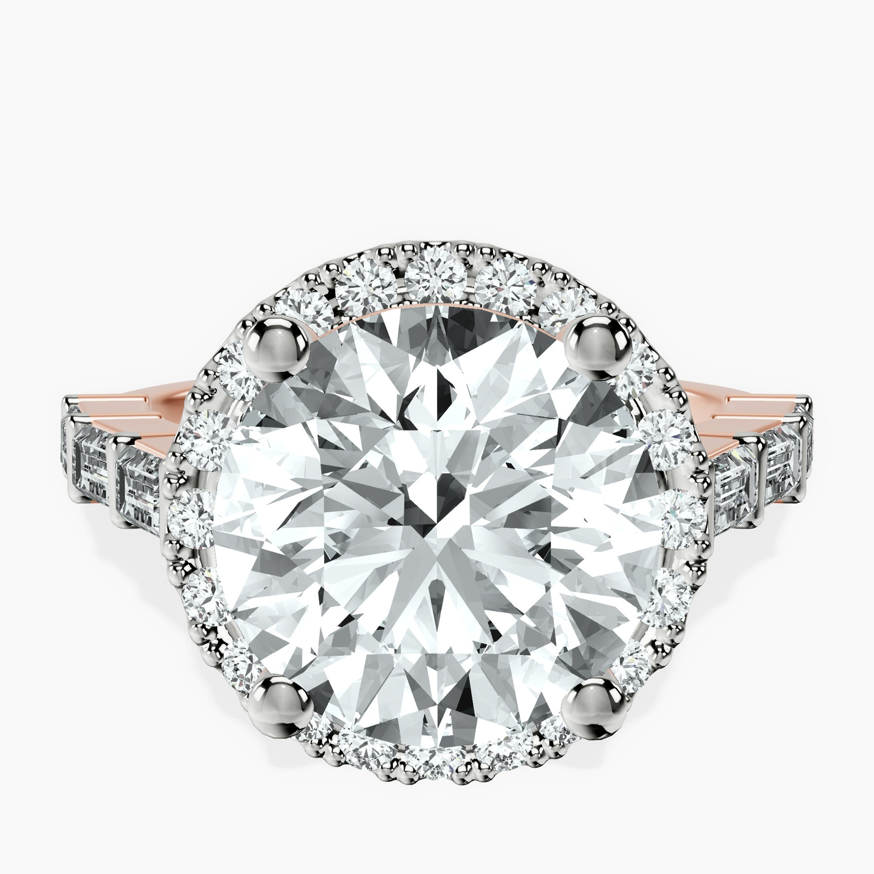 18kt Rose Gold Rachel Halo Side Stone Lab Diamond Ring front image