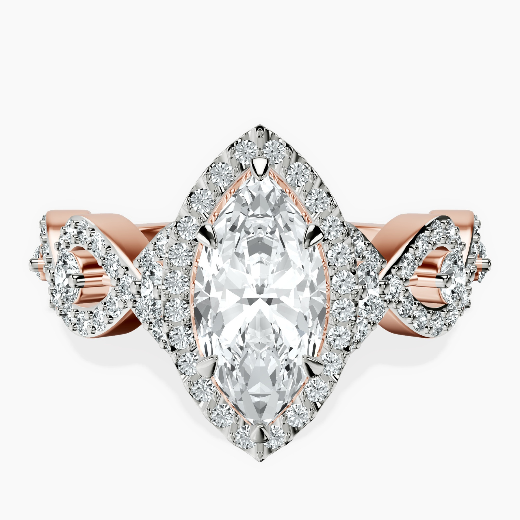 1.39 ct. marquise Prestigia criss cross halo ring in 18kt rose gold rtr top