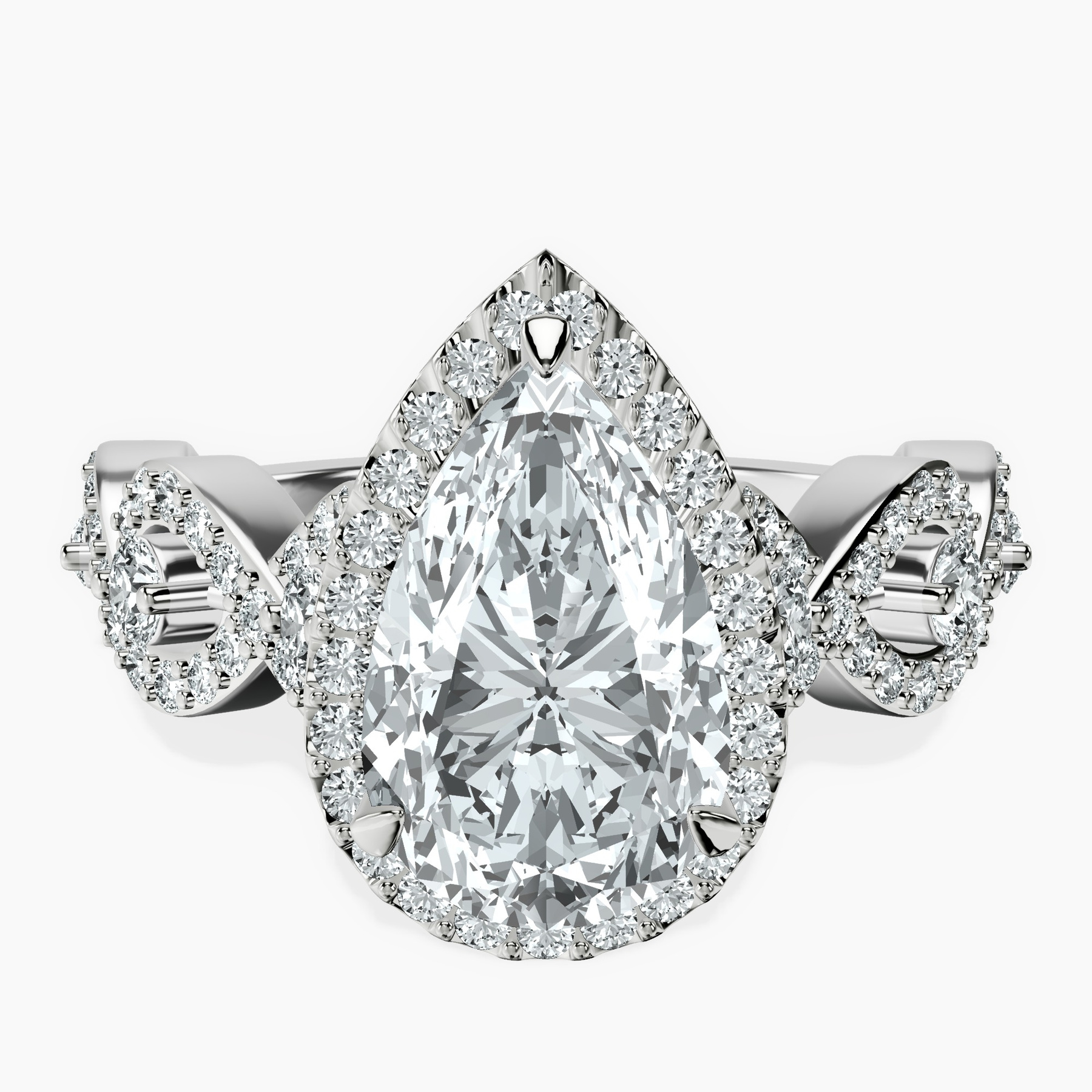 2.81 ct. pear Prestigia criss cross halo ring in 14kt white gold rtr top