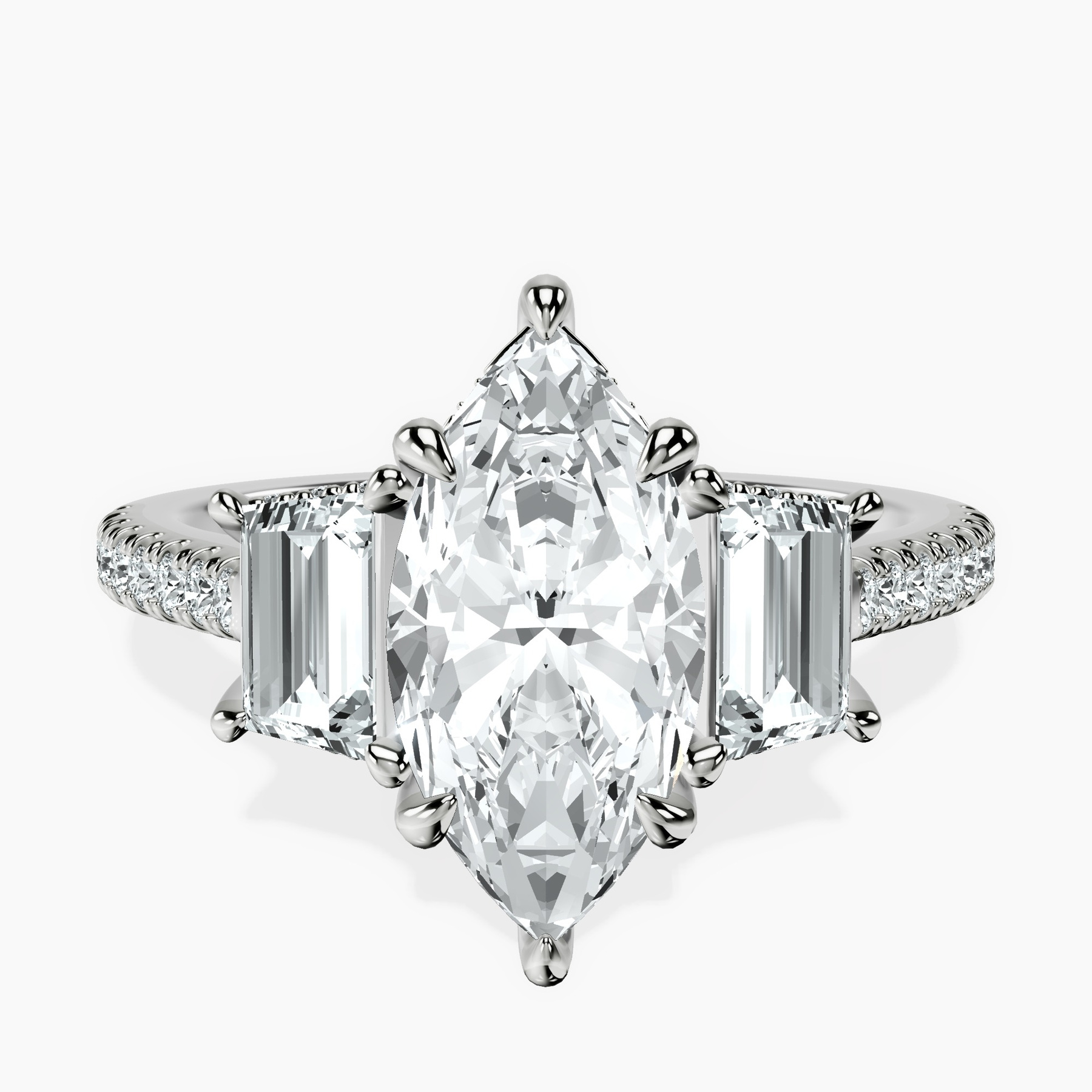 Platinum Lavinia Three Stone Trapezoid Lab Diamond Ring front image